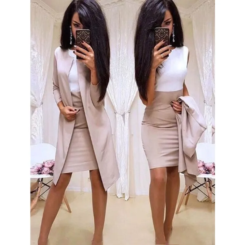 Business Women Dress Suits Solid Color Cardigan High Waist Dresses Sets Stitching Blazer Sets Long Coat Sets thumbnail 2