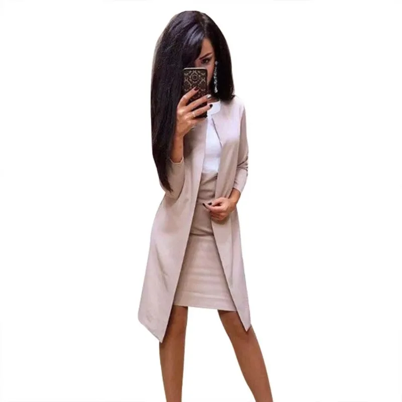 Business Women Dress Suits Solid Color Cardigan High Waist Dresses Sets Stitching Blazer Sets Long Coat Sets thumbnail 5