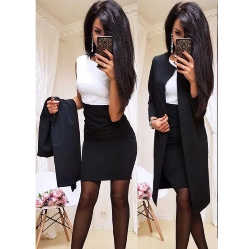 Business Women Dress Suits Solid Color Cardigan High Waist Dresses Sets Stitching Blazer Sets Long Coat Sets
