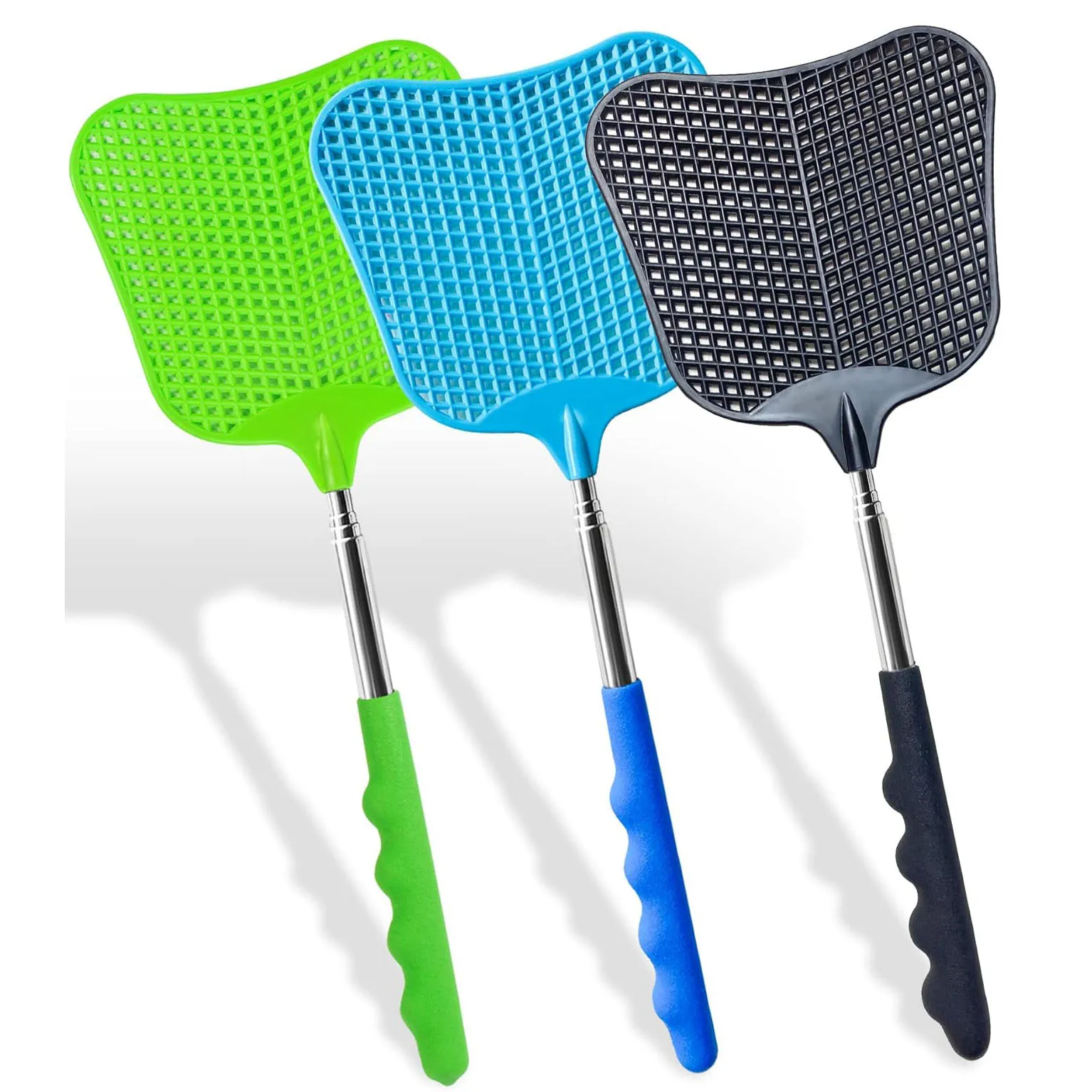 Fly Swatters 2 Pack, Telescopic Stainless Steel Handle, Plastic FlySwatter Set for Indoor Outdoor Home Hiking Camping Garden