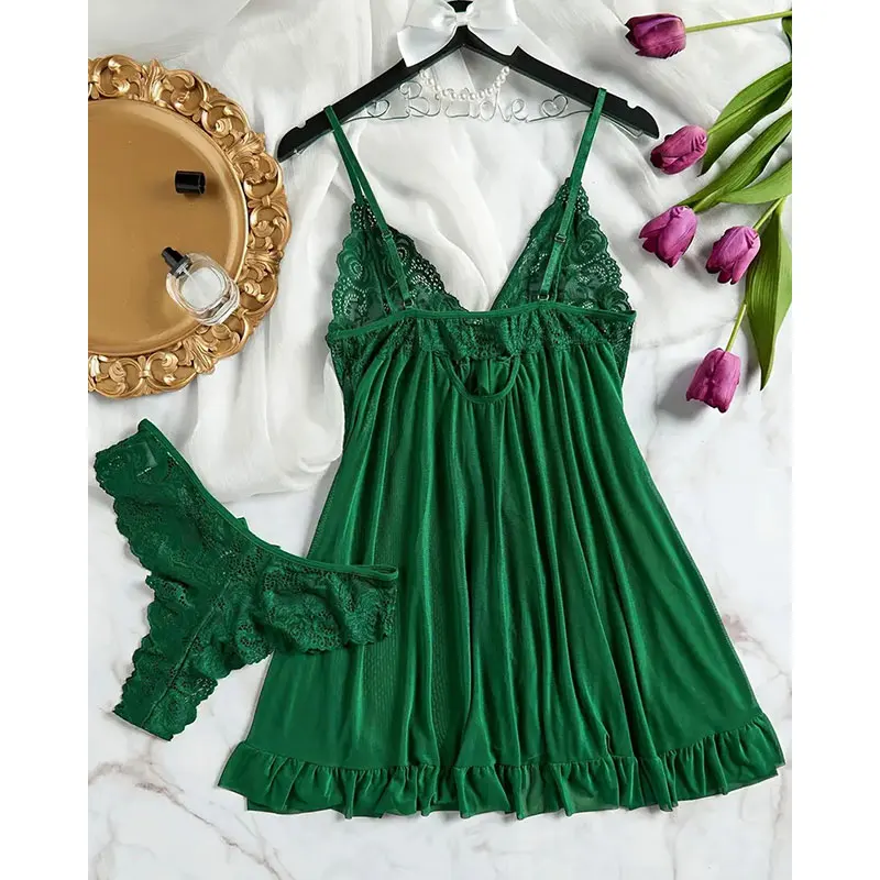 A Set Of Halter Nightgowns Summer Night Dress bestseller Thong/Pajama Sets V-Neck Sleeveless Sleeping Clothes Pure Lace Bedgown thumbnail 6