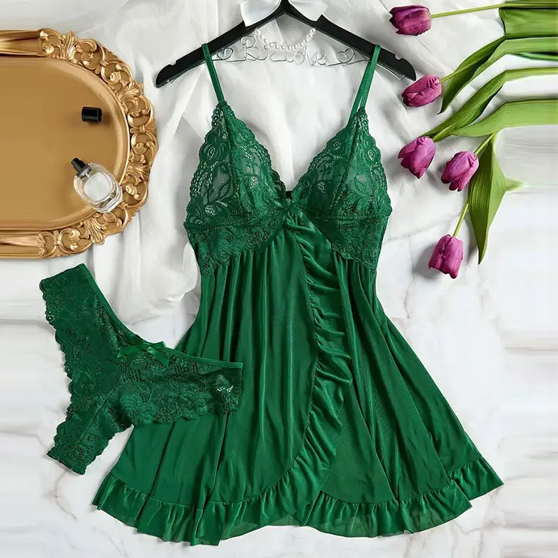 A Set Of Halter Nightgowns Summer Night Dress bestseller Thong/Pajama Sets V-Neck Sleeveless Sleeping Clothes Pure Lace Bedgown thumbnail 5
