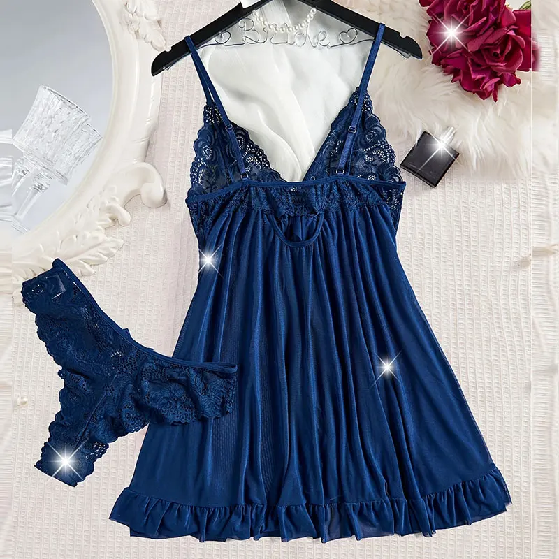A Set Of Halter Nightgowns Summer Night Dress bestseller Thong/Pajama Sets V-Neck Sleeveless Sleeping Clothes Pure Lace Bedgown thumbnail 2