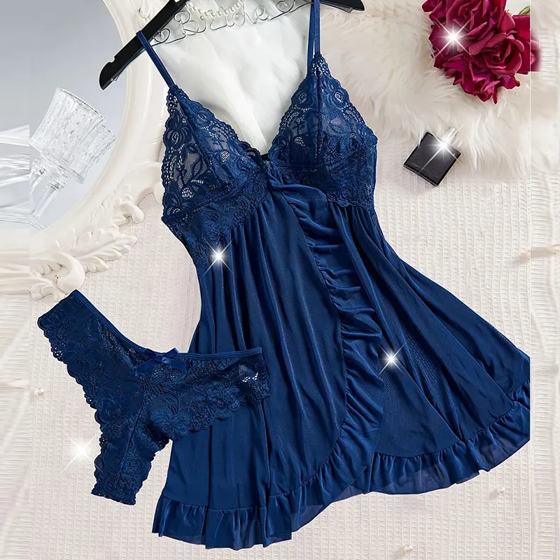 A Set Of Halter Nightgowns Summer Night Dress bestseller Thong/Pajama Sets V-Neck Sleeveless Sleeping Clothes Pure Lace Bedgown thumbnail 3