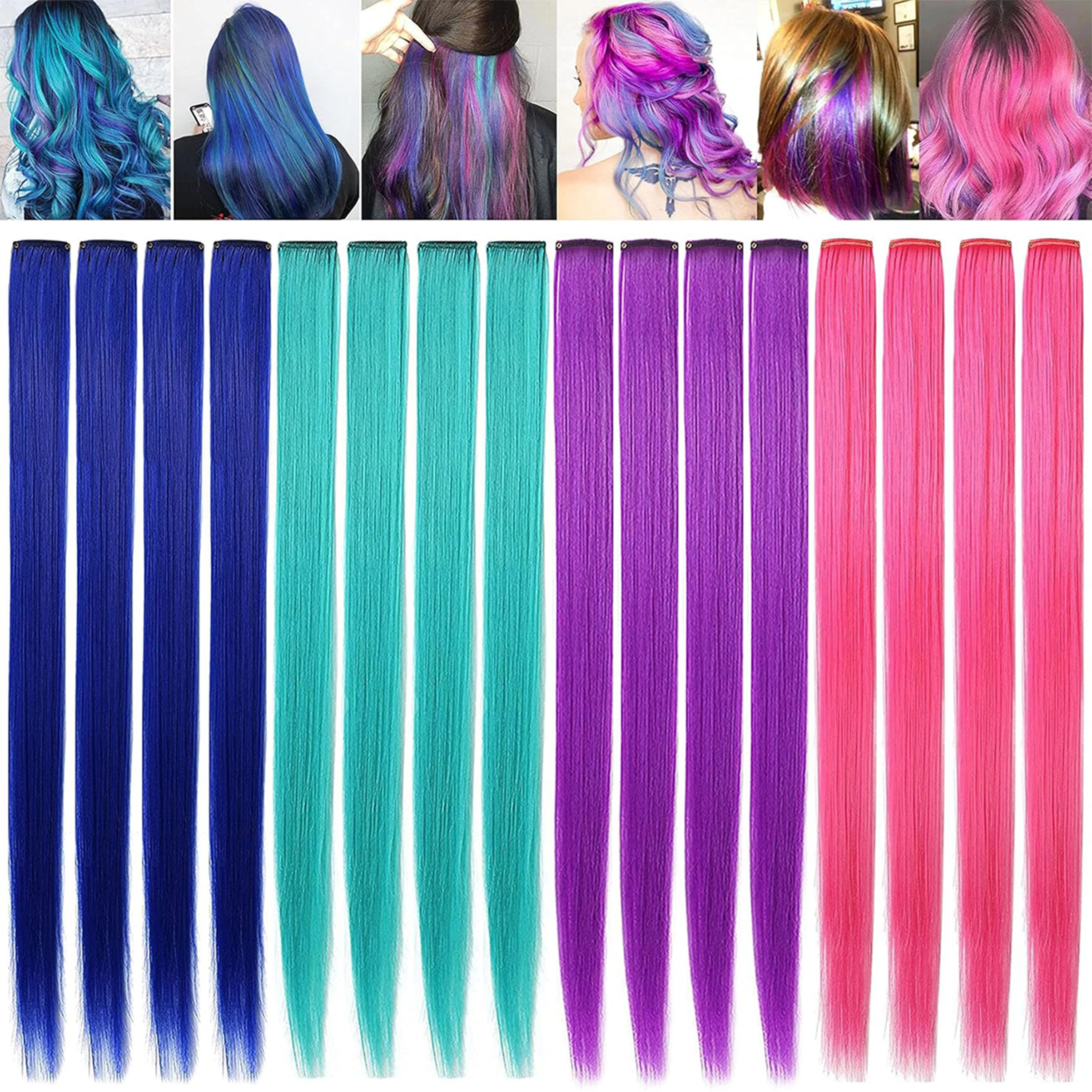 VEYDA Colored Party Highlights Clip in Hair Extensions for Girls 22 Inches Omber Colors Straight Hair Synthetic Hairpieces