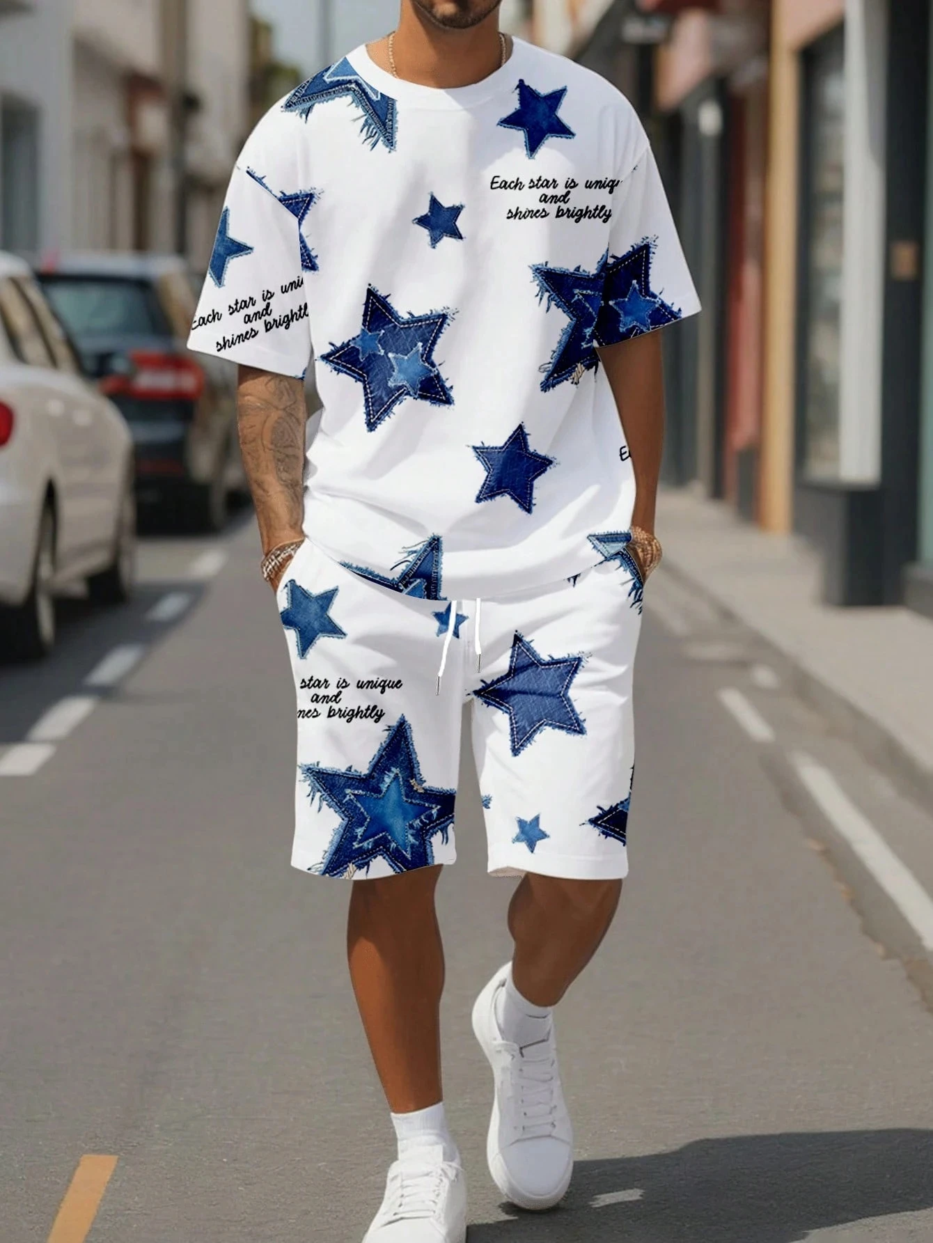 Fashion Men's Black and White Flower Graphic Print T-shirt Shorts 2-piece Set O-neck Short Sleeve Top Elastic Waist Shorts Set thumbnail 2