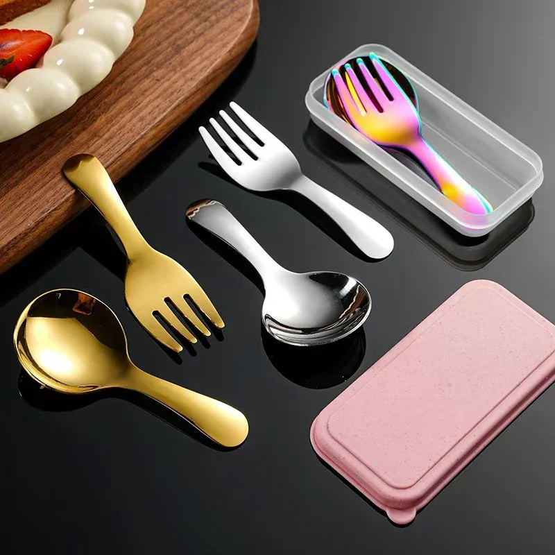2Pcs Tableware Set Spoon Fork Stainless Steel Mini Portable with Box Outdoor Camping Cutlery Lunch Hiking Camp Cooking Supplies thumbnail 2