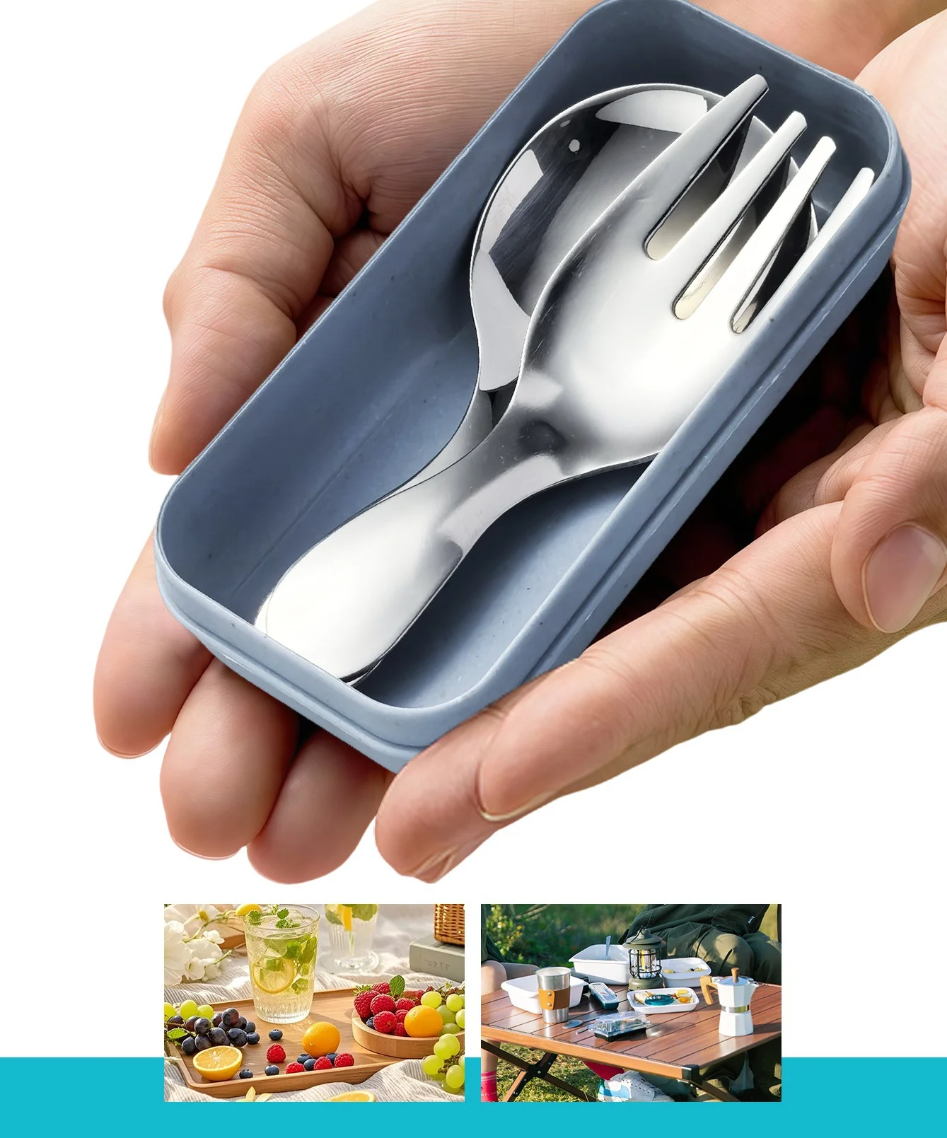 2Pcs Tableware Set Spoon Fork Stainless Steel Mini Portable with Box Outdoor Camping Cutlery Lunch Hiking Camp Cooking Supplies thumbnail 6