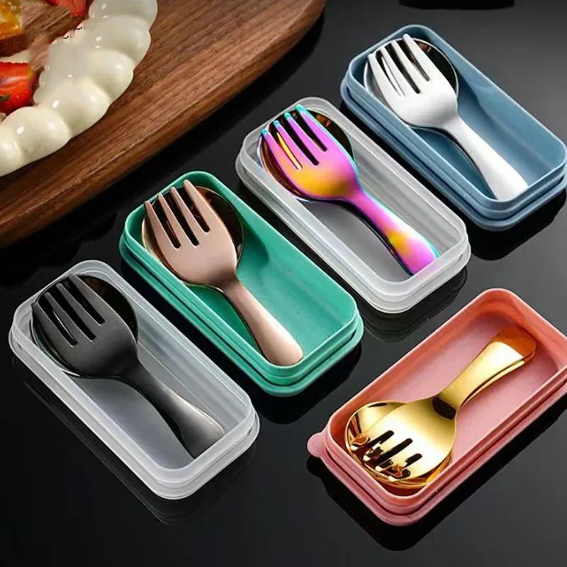 Stainless Steel Tableware Set Spoon Fork 2Pc Portable With Box Outdoor Camping Cutlery Lunch Hiking Camp Cooking Travel Flatware thumbnail 2