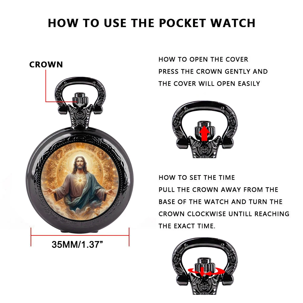 [Religious Faith] Jesus Pendant Glass Dome Pocket Watch Souvenir Chain Clock Arabic Numerals with Personality Gift for Women Men thumbnail 6