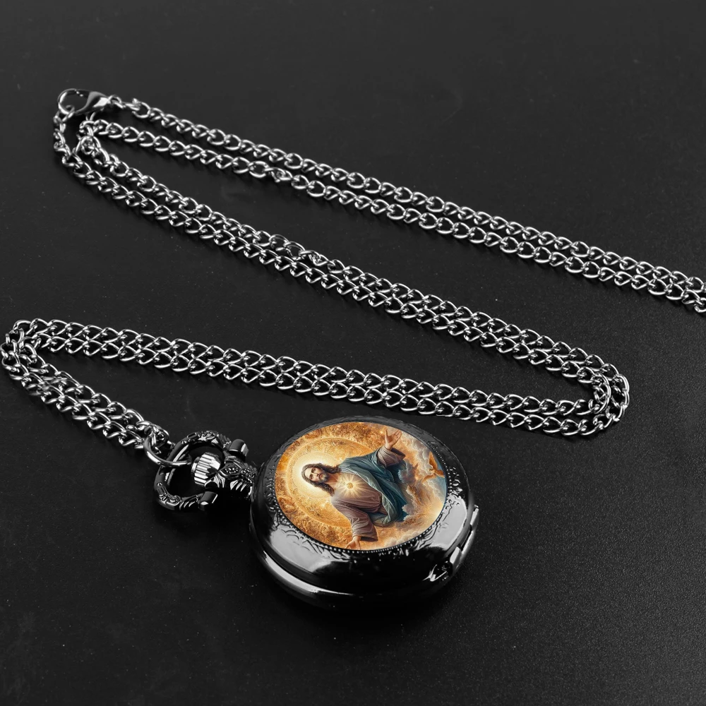 [Religious Faith] Jesus Pendant Glass Dome Pocket Watch Souvenir Chain Clock Arabic Numerals with Personality Gift for Women Men thumbnail 3