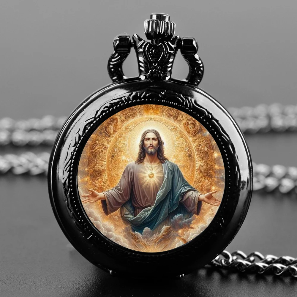 [Religious Faith] Jesus Pendant Glass Dome Pocket Watch Souvenir Chain Clock Arabic Numerals with Personality Gift for Women Men thumbnail 5