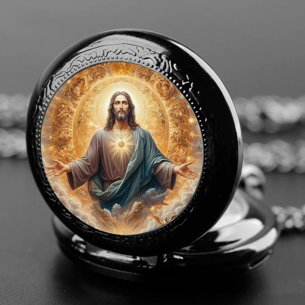 [Religious Faith] Jesus Pendant Glass Dome Pocket Watch Souvenir Chain Clock Arabic Numerals with Personality Gift for Women Men