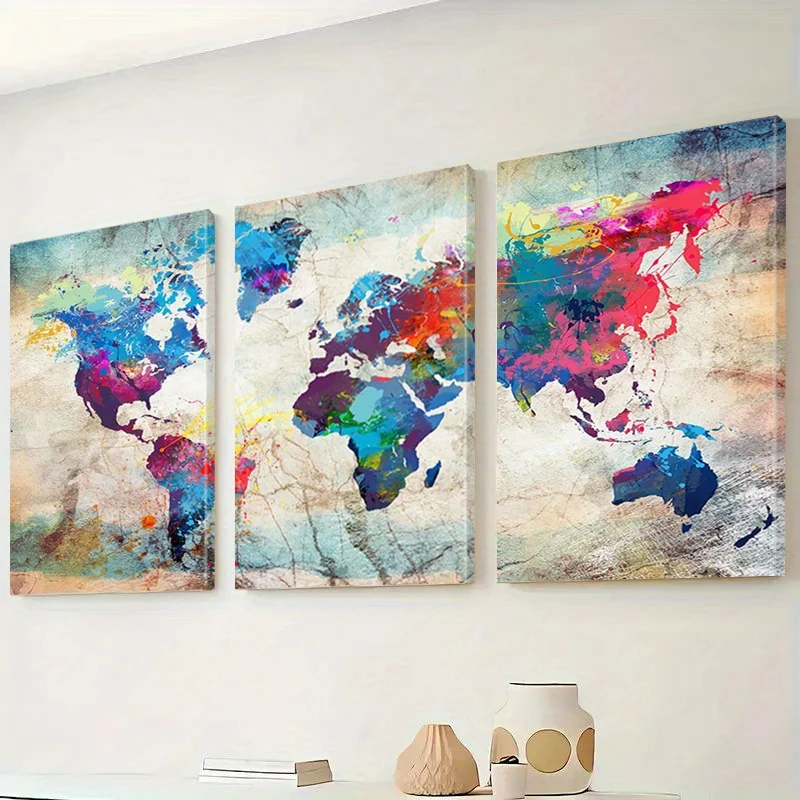 3pcs, watercolor map wall art decoration, world map canvas painting, retro map artwork, decorative painting, gift poster, home d