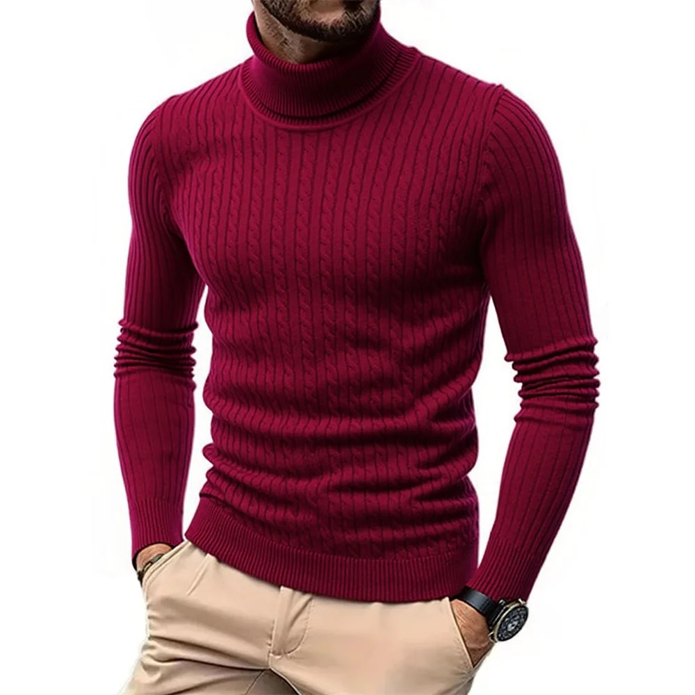 Autumn Winter Men's Turtleneck Sweater Warm Slim Fit Knitted Pullover Jacquard Striped Cozy Soft Knitwear Basic Style thumbnail 3