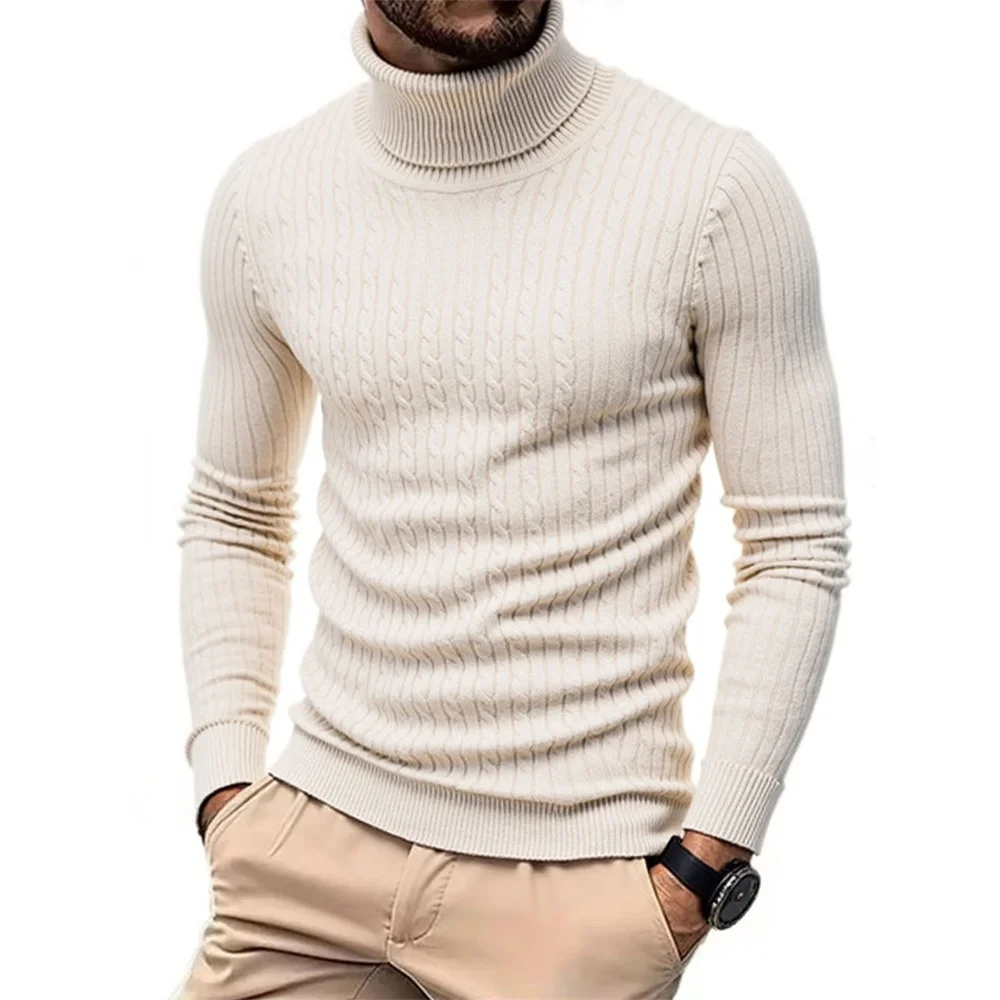 Autumn Winter Men's Turtleneck Sweater Warm Slim Fit Knitted Pullover Jacquard Striped Cozy Soft Knitwear Basic Style thumbnail 4
