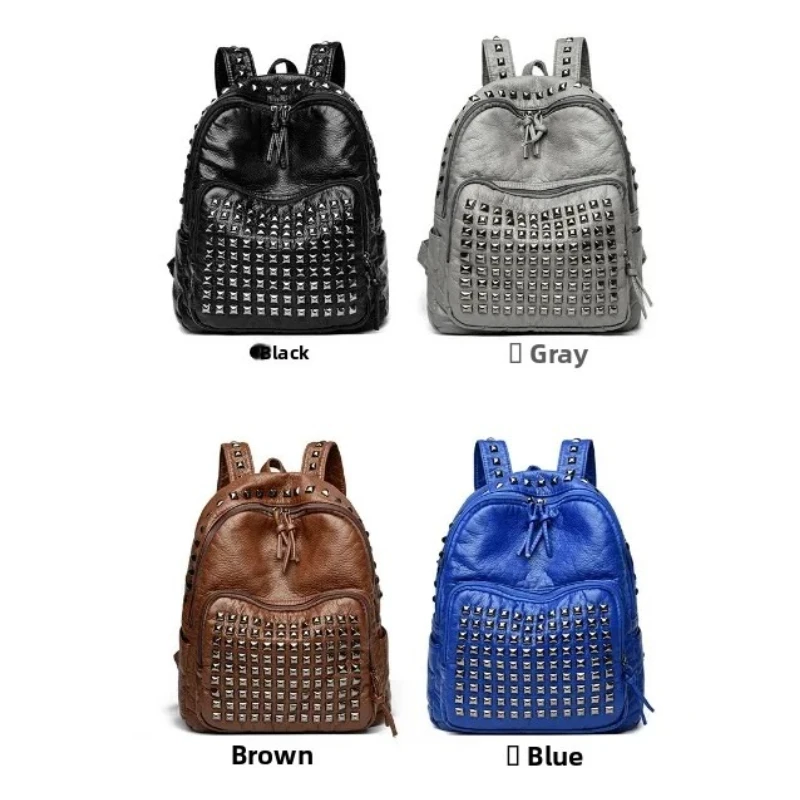 Super Cool Rivets Soft PU Solid Zipper Fashion Backpacks for Women 2026 High Quality Large Capacity Designer Style School Bags