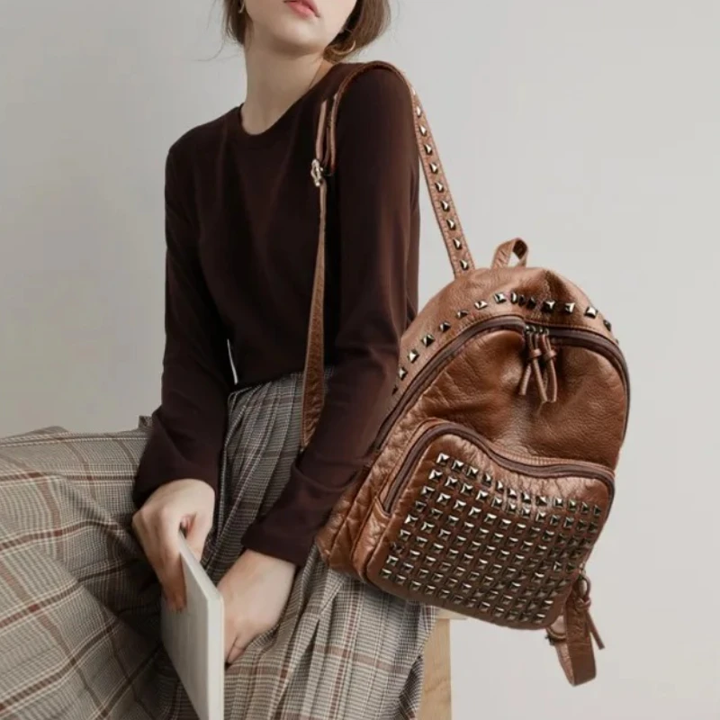Super Cool Rivets Soft PU Solid Zipper Fashion Backpacks for Women 2026 High Quality Large Capacity Designer Style School Bags thumbnail 4