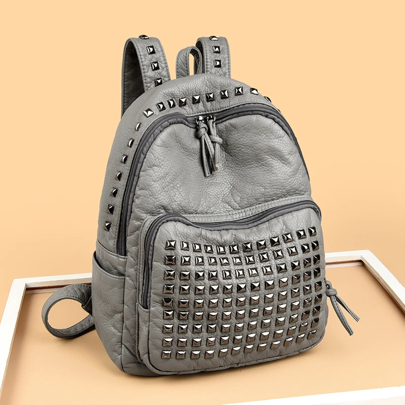 Super Cool Rivets Soft PU Solid Zipper Fashion Backpacks for Women 2026 High Quality Large Capacity Designer Style School Bags thumbnail 3
