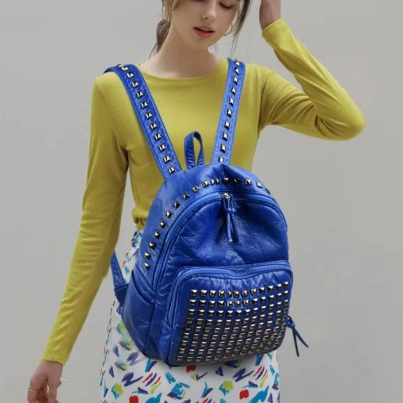 Super Cool Rivets Soft PU Solid Zipper Fashion Backpacks for Women 2026 High Quality Large Capacity Designer Style School Bags thumbnail 5