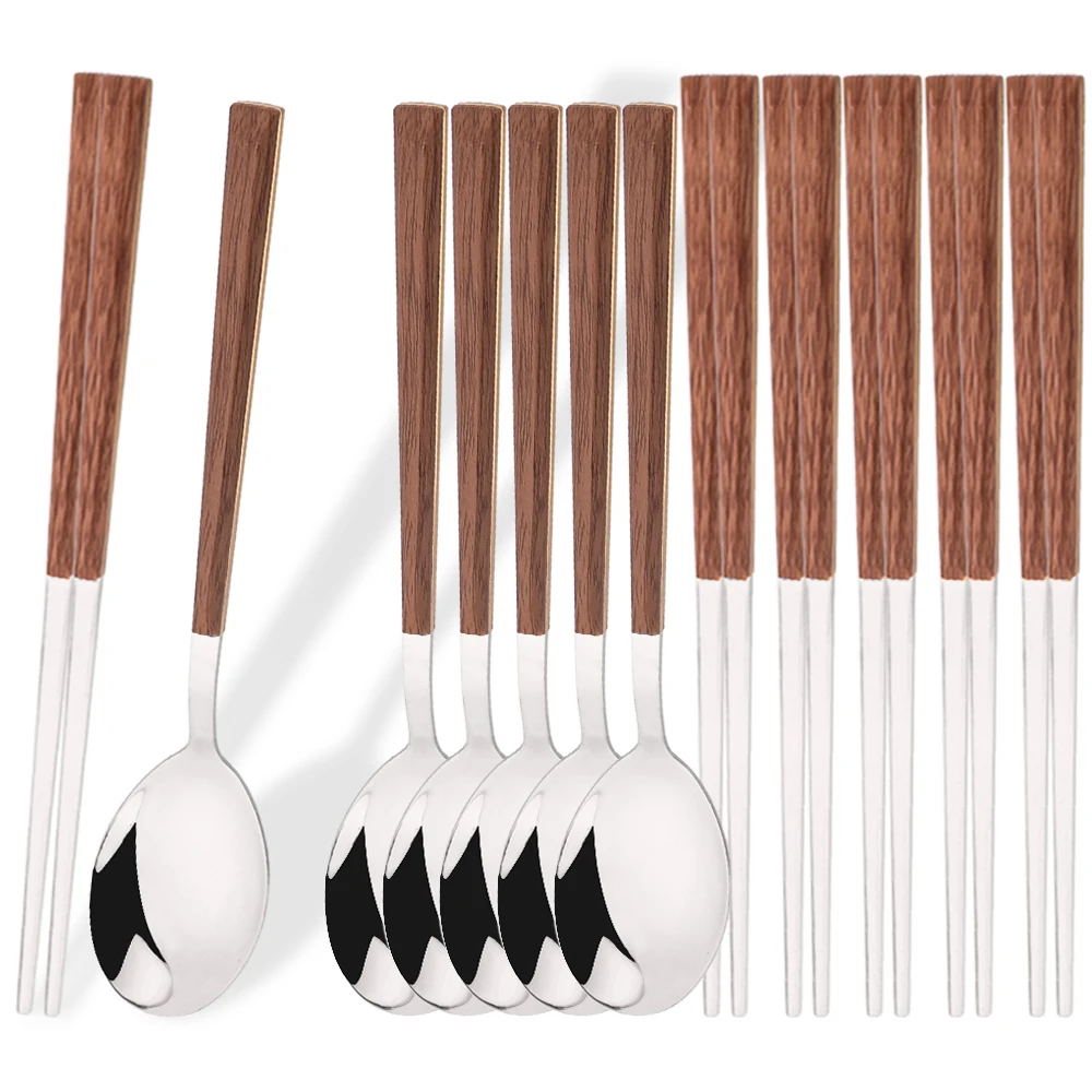 8/12Pcs Brown Silver Flatware Cutlery Set Chopsticks Spoon Set Imitation Wooden Handle Korean Dinnerware Luxury Tableware Set
