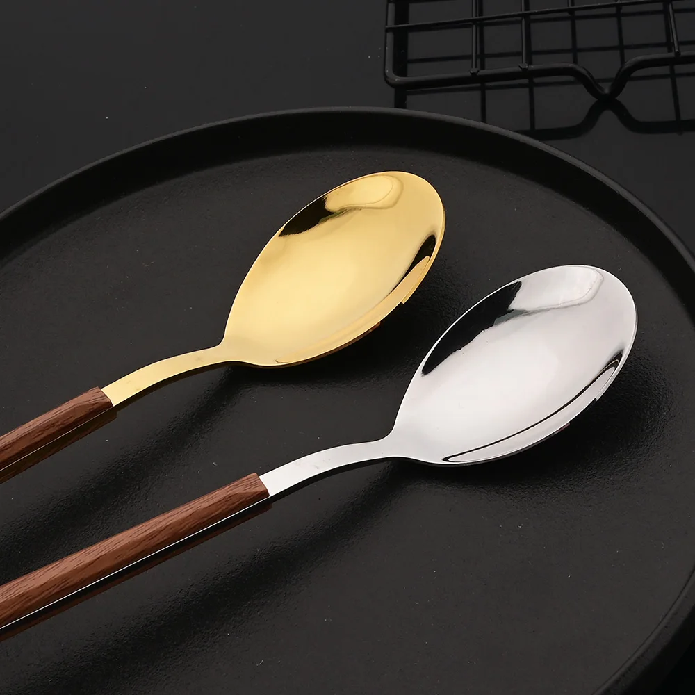 8/12Pcs Brown Silver Flatware Cutlery Set Chopsticks Spoon Set Imitation Wooden Handle Korean Dinnerware Luxury Tableware Set thumbnail 5