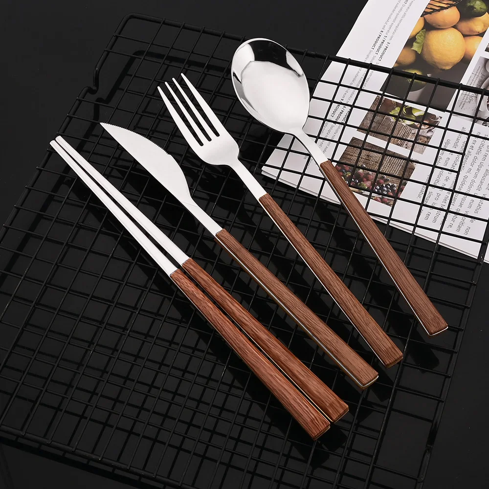 8/12Pcs Brown Silver Flatware Cutlery Set Chopsticks Spoon Set Imitation Wooden Handle Korean Dinnerware Luxury Tableware Set thumbnail 4