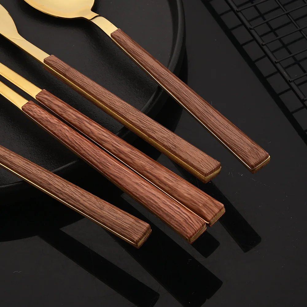 8/12Pcs Brown Silver Flatware Cutlery Set Chopsticks Spoon Set Imitation Wooden Handle Korean Dinnerware Luxury Tableware Set thumbnail 6