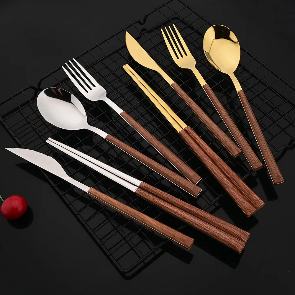 8/12Pcs Brown Silver Flatware Cutlery Set Chopsticks Spoon Set Imitation Wooden Handle Korean Dinnerware Luxury Tableware Set thumbnail 2