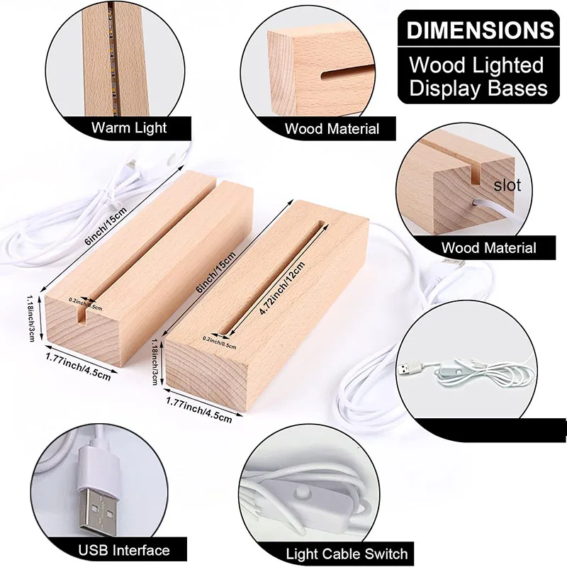 1-2Pcs Rectangular Wooden LED Lights Display Base Stand 3D Plexiglass Lamp Holder USB Night Lights for Handmade DIY Art Decor thumbnail 2