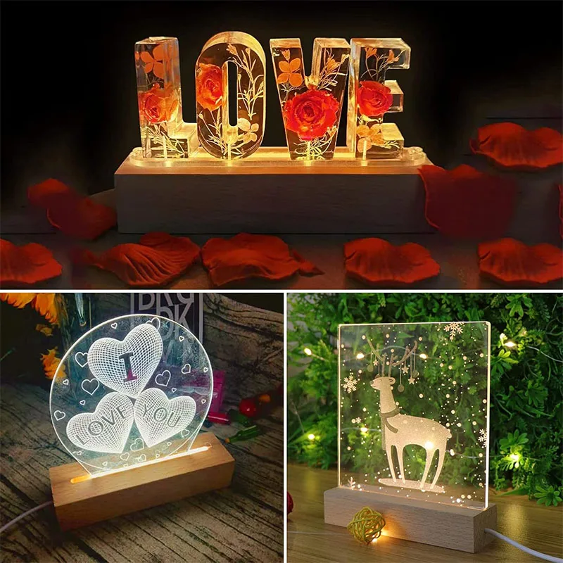 1-2Pcs Rectangular Wooden LED Lights Display Base Stand 3D Plexiglass Lamp Holder USB Night Lights for Handmade DIY Art Decor thumbnail 5
