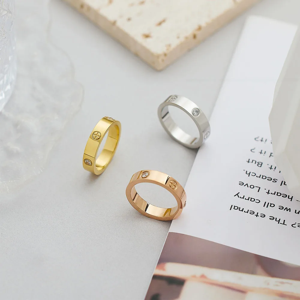 Classic Stainless Steel Cross with Zircon Love Rings for Women Men Couple Finger Ring Luxury Jewelry Wedding Party Gift