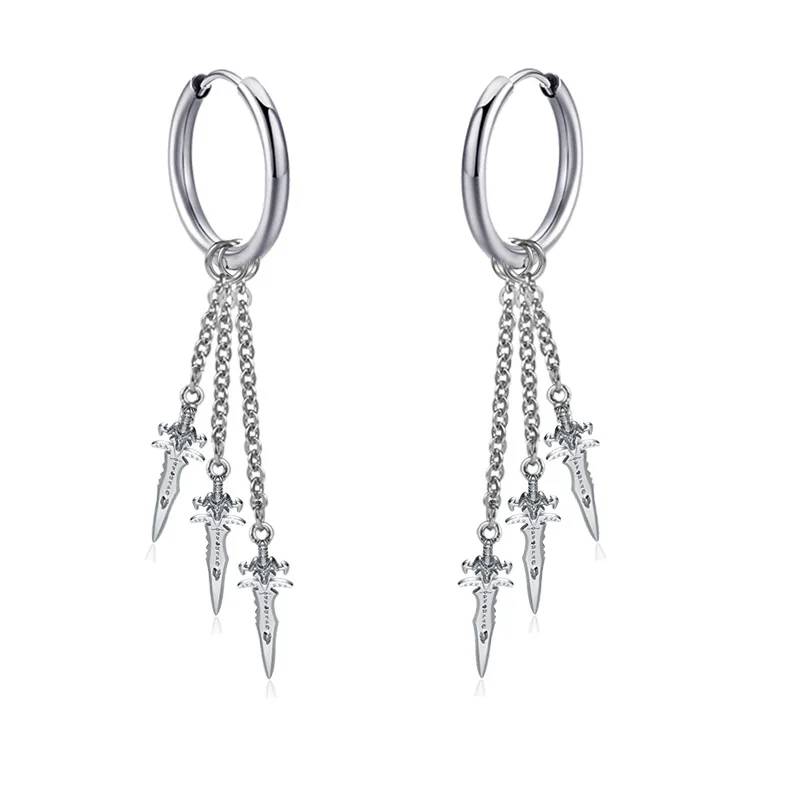 1Pair Punk Lock Lightning Chain Feather Leaf Stainless Steel Male Woman's Piercing Hoop Earring for Man Jewelry New In Vintage thumbnail 3