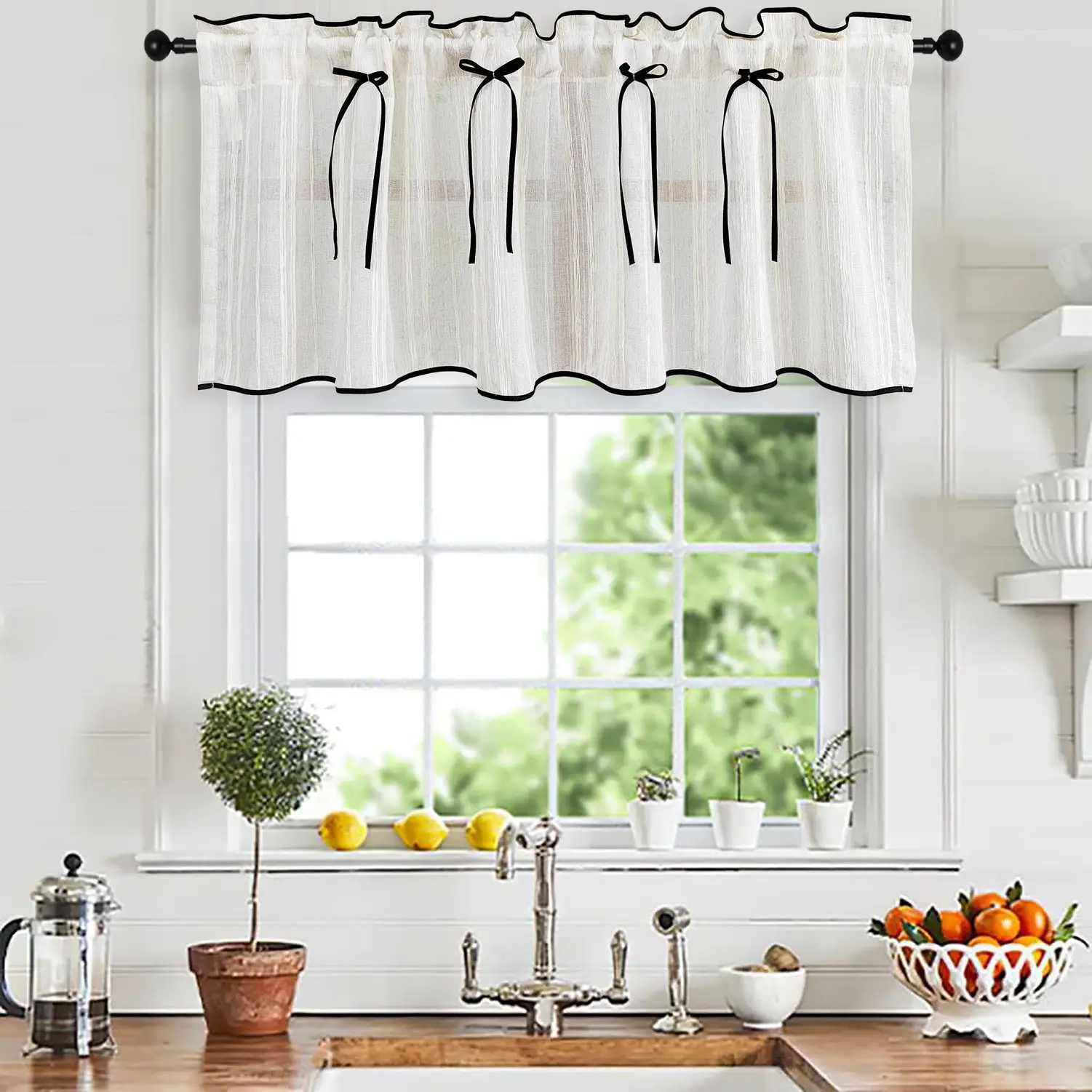 Elegant Bowknot Sheer Curtain Black Trim Versatile Window Treatment for Living Room Dining Nook Kitchen Light Filtering Decor thumbnail 2