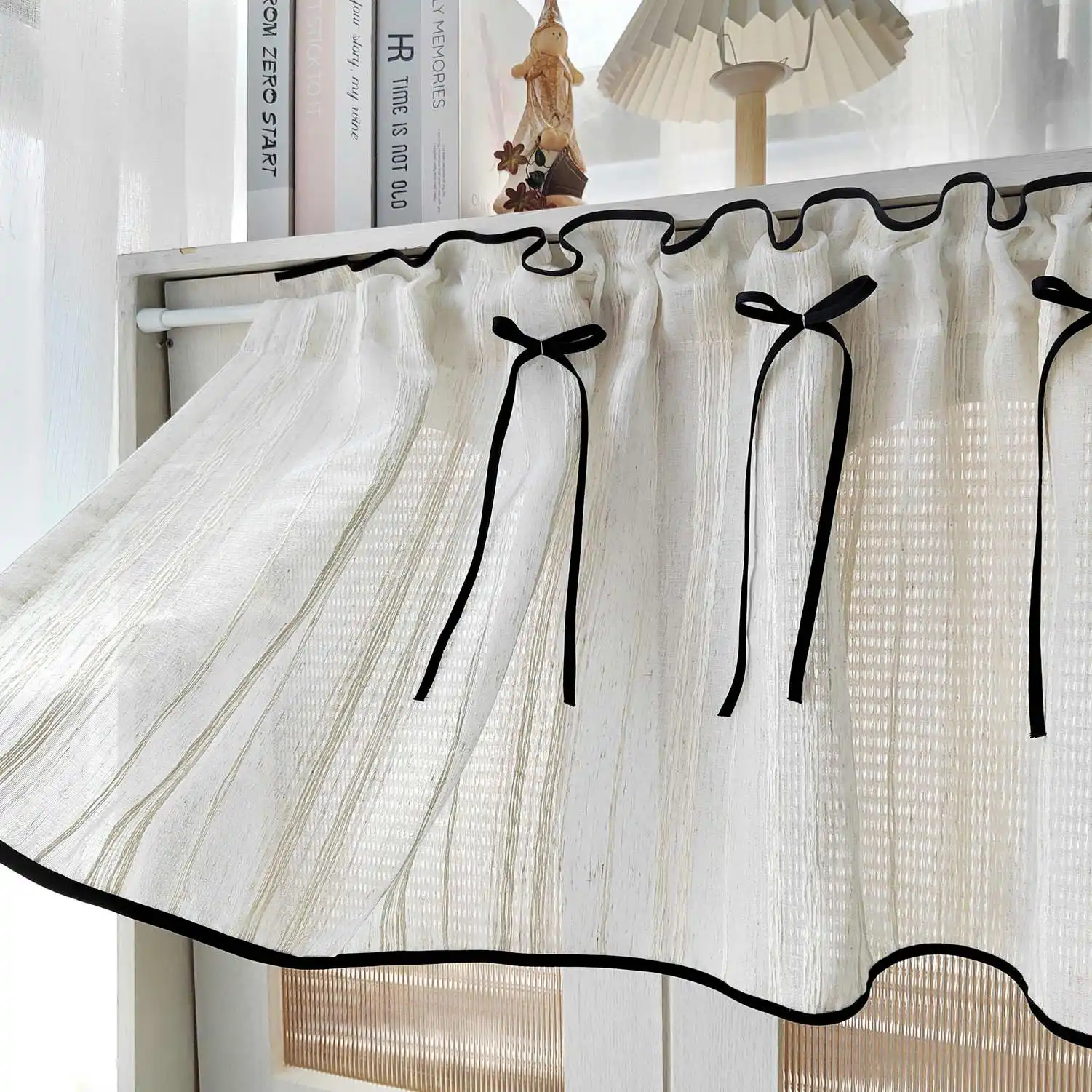 Elegant Bowknot Sheer Curtain Black Trim Versatile Window Treatment for Living Room Dining Nook Kitchen Light Filtering Decor thumbnail 4