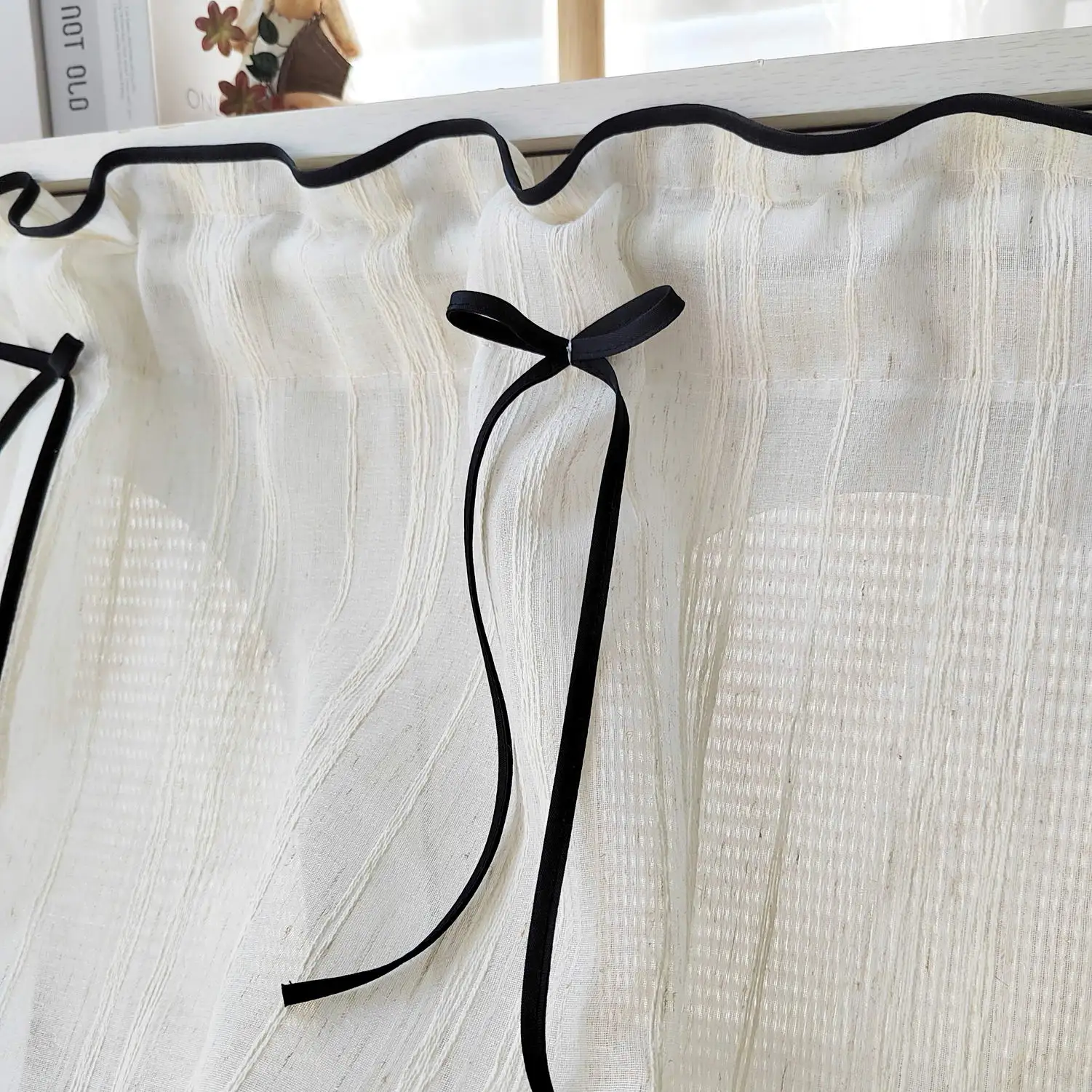 Elegant Bowknot Sheer Curtain Black Trim Versatile Window Treatment for Living Room Dining Nook Kitchen Light Filtering Decor thumbnail 6