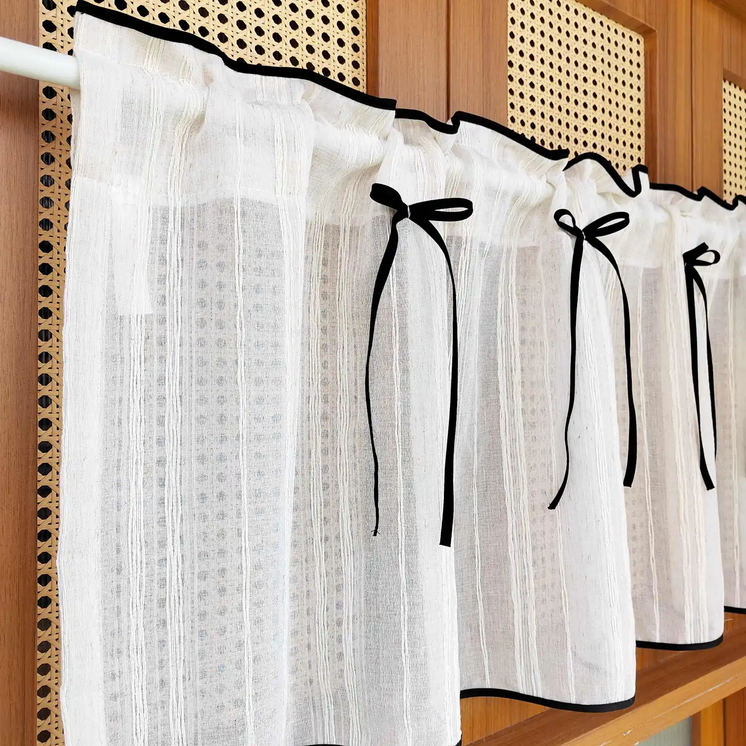 Elegant Bowknot Sheer Curtain Black Trim Versatile Window Treatment for Living Room Dining Nook Kitchen Light Filtering Decor thumbnail 5