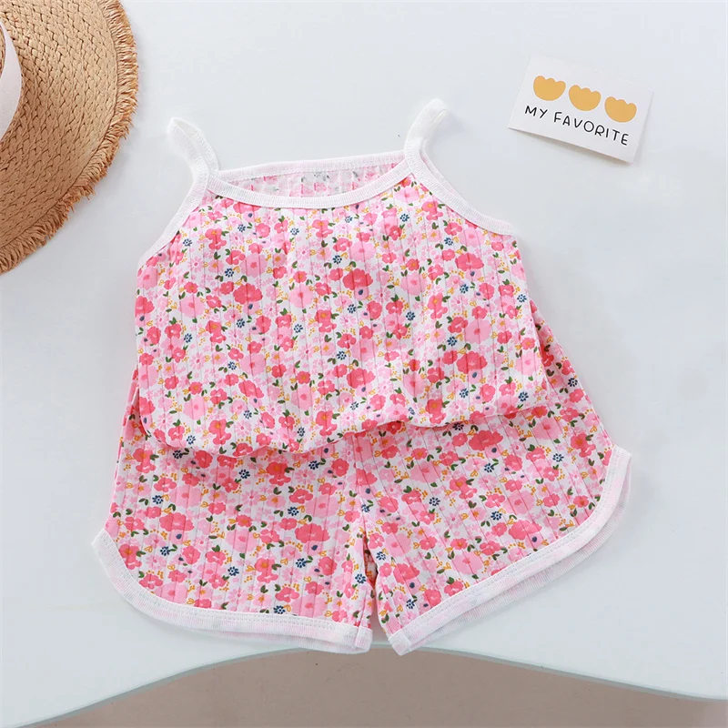 2025 New Kids Tops+shorts Set Summer Thin Baby Cotton Vest Sleeveless Loungewear Set for Girls Suit thumbnail 6