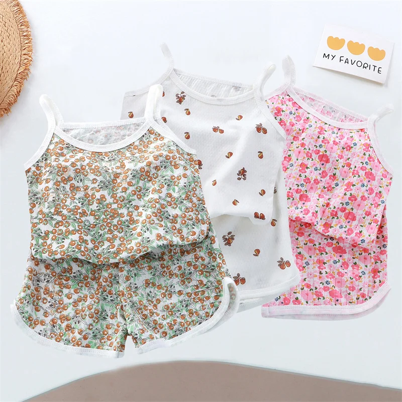 2025 New Kids Tops+shorts Set Summer Thin Baby Cotton Vest Sleeveless Loungewear Set for Girls Suit