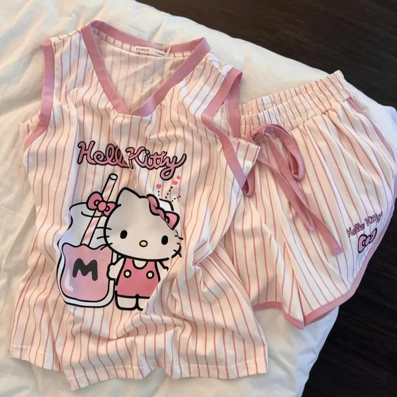 Pink Hello Kitty Sleeveless Tops Girls Sportswear Y2K Summer Vest Cartoon Shorts Anime Print Fashion Stripe Home Clothing Set