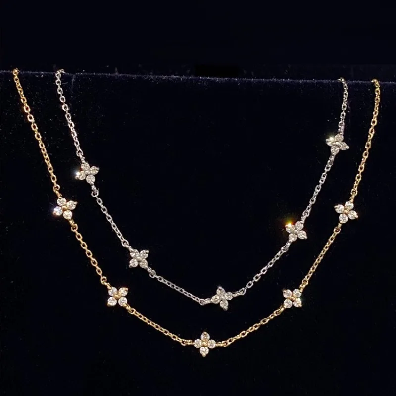 925 Sterling Silver Four-leaf Flower Necklace Bracelet Set for Women Vintage Design Sparking Jewelry Set Party Jewelry Gifts