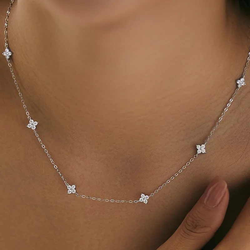 925 Sterling Silver Four-leaf Flower Necklace Bracelet Set for Women Vintage Design Sparking Jewelry Set Party Jewelry Gifts thumbnail 3