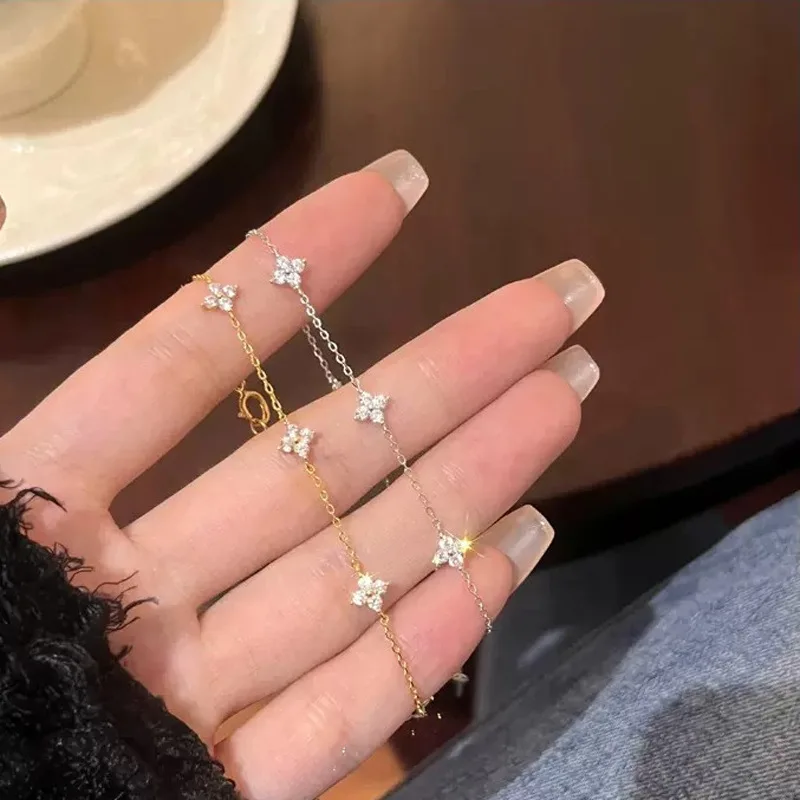925 Sterling Silver Four-leaf Flower Necklace Bracelet Set for Women Vintage Design Sparking Jewelry Set Party Jewelry Gifts thumbnail 5