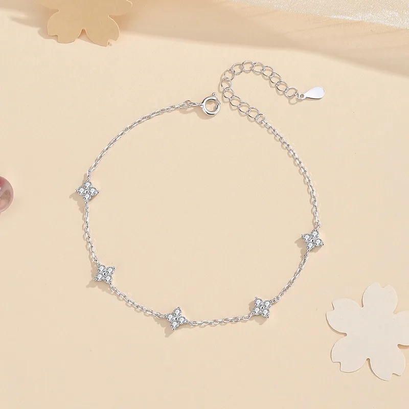 925 Sterling Silver Four-leaf Flower Necklace Bracelet Set for Women Vintage Design Sparking Jewelry Set Party Jewelry Gifts thumbnail 6