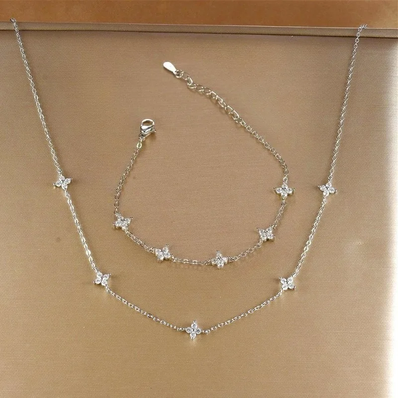 925 Sterling Silver Four-leaf Flower Necklace Bracelet Set for Women Vintage Design Sparking Jewelry Set Party Jewelry Gifts thumbnail 2