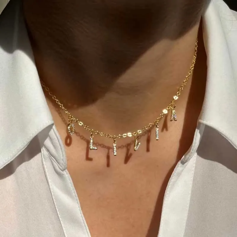 Customized Name Necklace Personalized Zircon 26 Capital Letter Stainless Steel Choker Necklace Pendant Nameplate Jewelry Gift thumbnail 2
