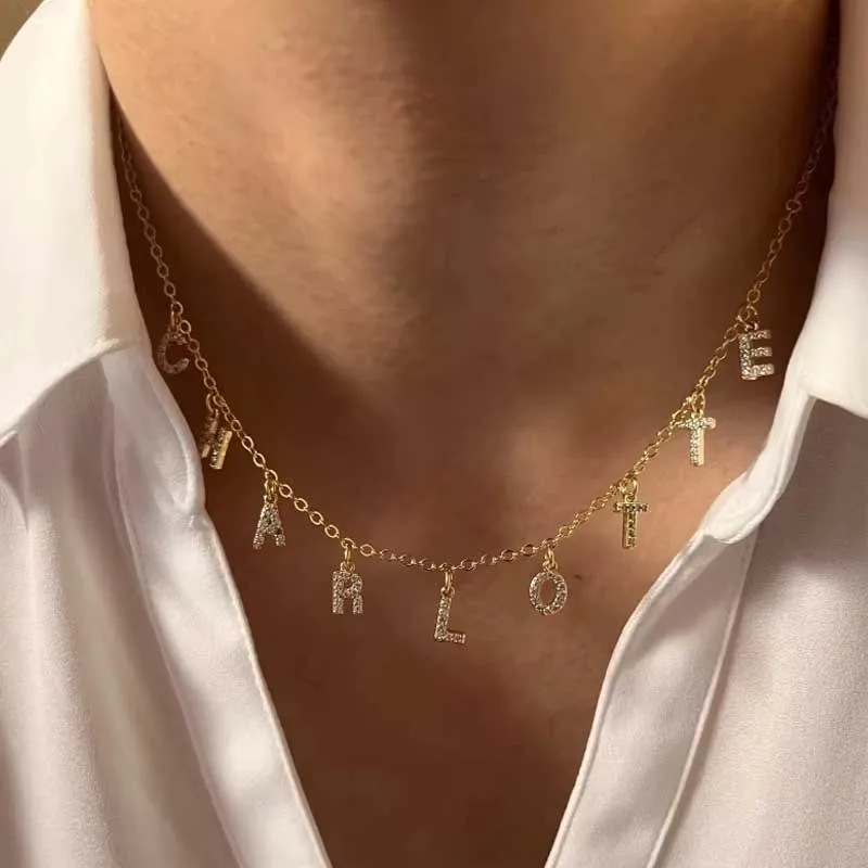Customized Name Necklace Personalized Zircon 26 Capital Letter Stainless Steel Choker Necklace Pendant Nameplate Jewelry Gift thumbnail 3