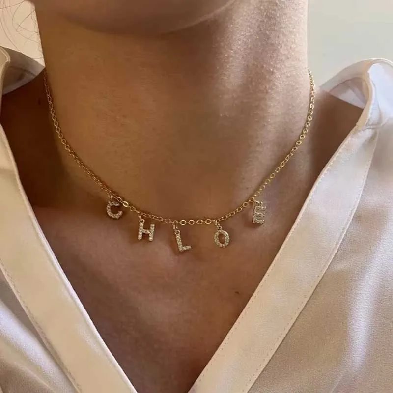 Customized Name Necklace Personalized Zircon 26 Capital Letter Stainless Steel Choker Necklace Pendant Nameplate Jewelry Gift thumbnail 4