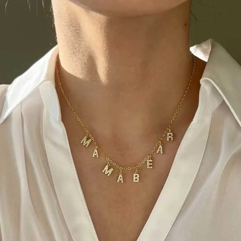 Customized Name Necklace Personalized Zircon 26 Capital Letter Stainless Steel Choker Necklace Pendant Nameplate Jewelry Gift thumbnail 5