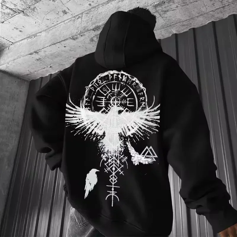 Men's Viking Totem Printed Hooded Sweatshirt Y2K Cotton Hooded Sweatshirt Loose Eagle Pattern Fresh Sport functional Fashionable thumbnail 2